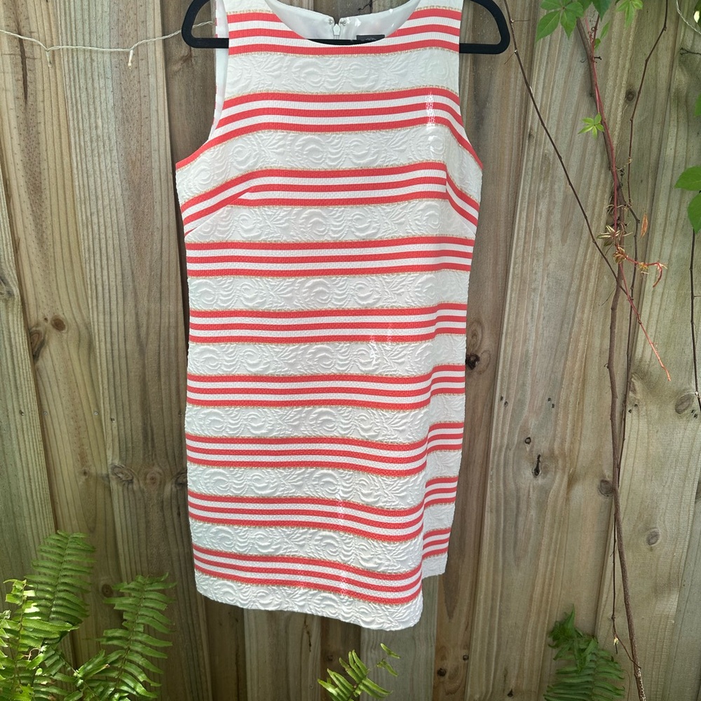 Vince Camuto Striped Jacquard Dress in Coral White & Gold